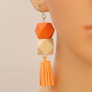 Boho Leather Drop Earrings Wood Detail